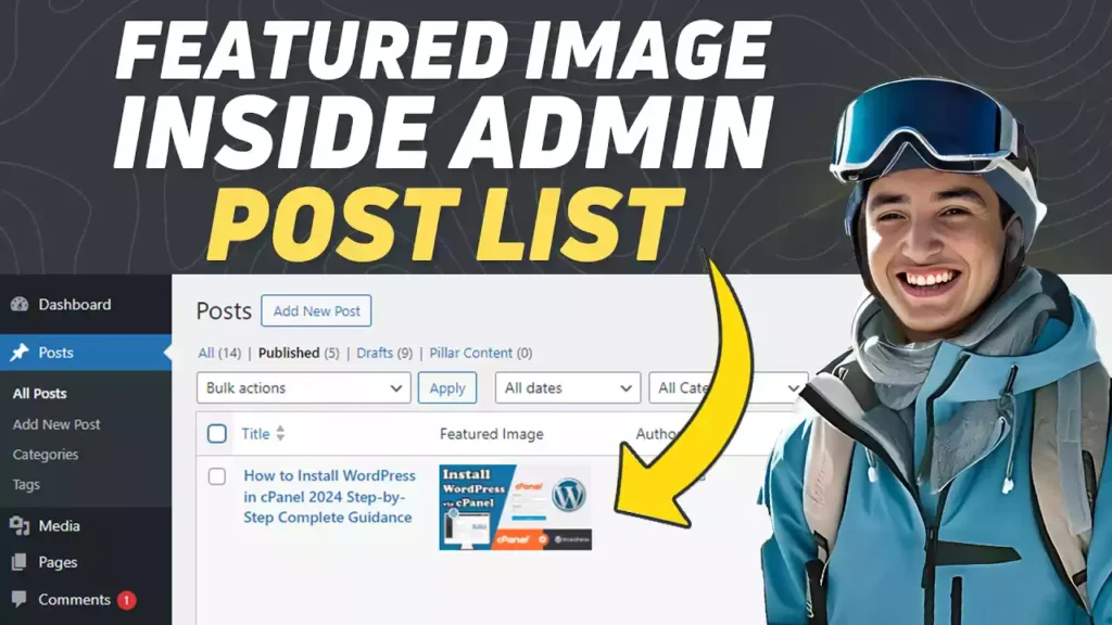 A laptop displaying a WordPress admin dashboard with a highlighted titled "Featured Image column," representing efficient post management and enhanced visual appeal.